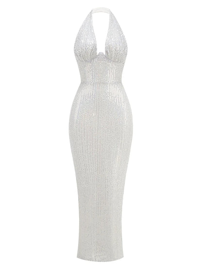 Glamour Green Sequin Halter Maxi Dress – Deep V Celebrity Gown