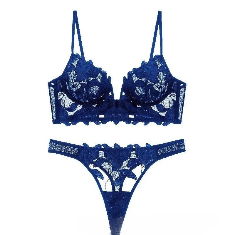 French Style Embroidered Lingerie Set – Deep V Plunge Bra & Sheer Thong for Women