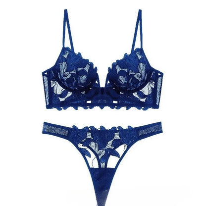 French Style Embroidered Lingerie Set – Deep V Plunge Bra & Sheer Thong for Women