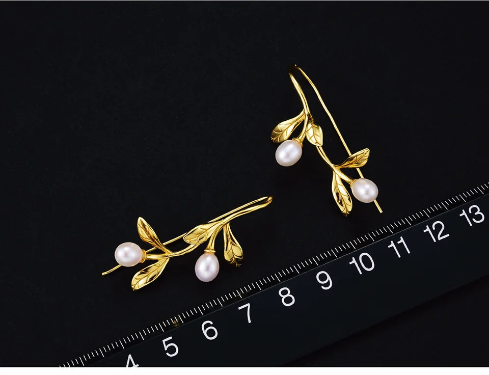 925 Silver Olive Leaves Pearl Drop Earrings – Nature-Inspired Jewelry
