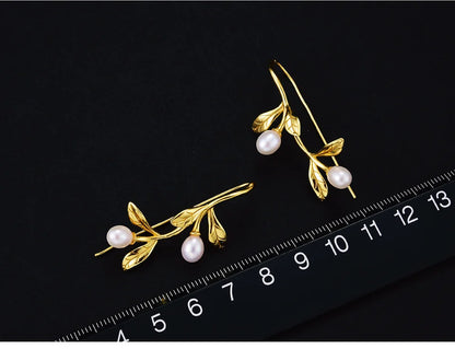 925 Silver Olive Leaves Pearl Drop Earrings – Nature-Inspired Jewelry