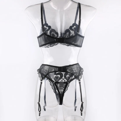 Women Sexy Black Embriodery Lingerie 3pcs Sets Hot Heart Pattern Fancy Bra And Panties With Garter Set Erotic Underwear Suits