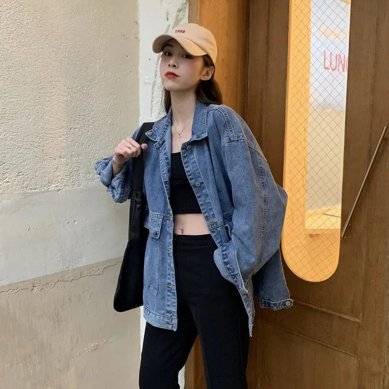 Versatile BF Fit Denim Jacket – Harajuku Casual Streetwear for Women