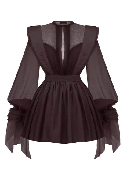 High Waist Solid Spliced Dress with Lace-Up Detail