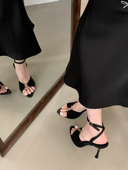 Aneikeh Elegant Pointed Toe High Heel Mules – Pleated Design Sandals