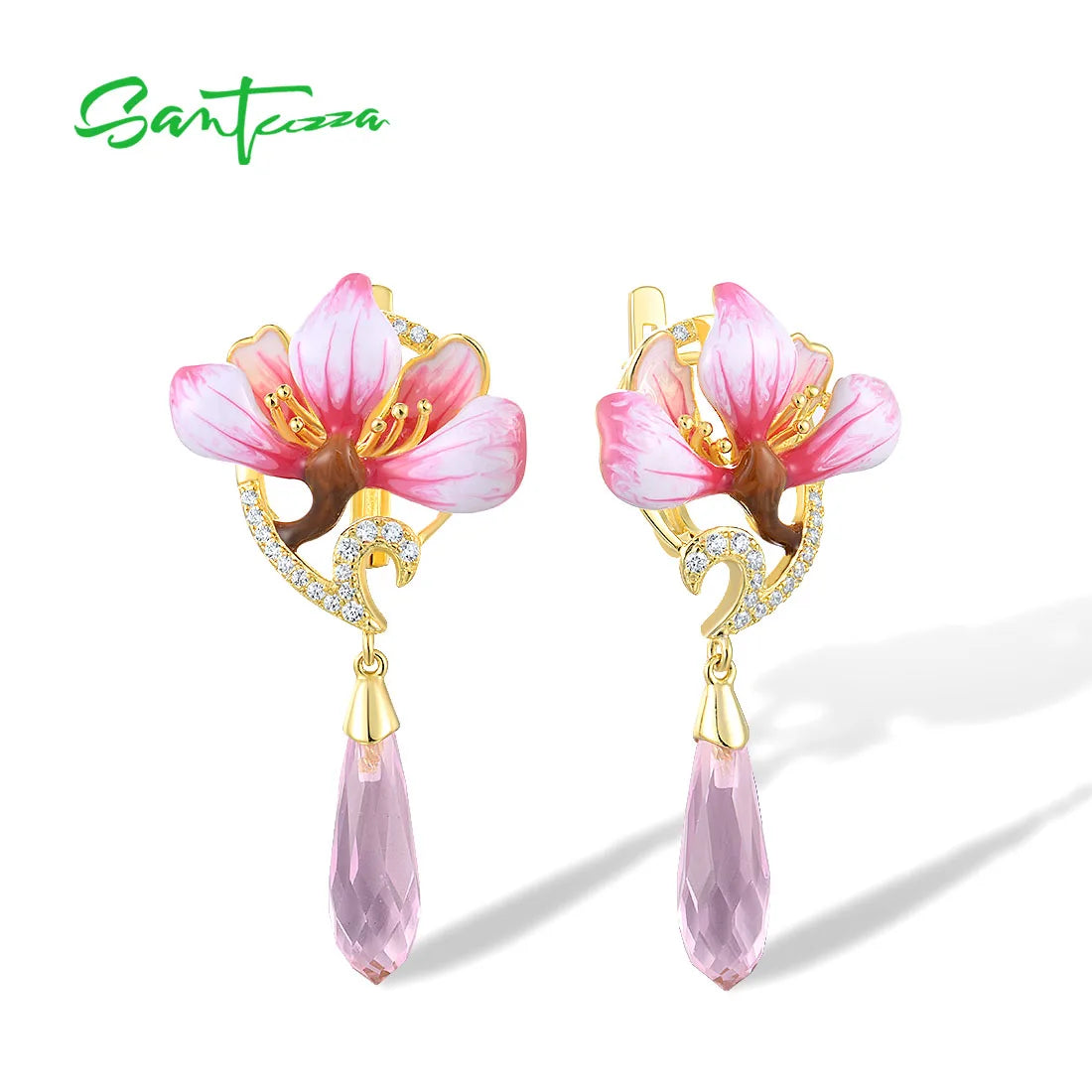 Romantic Floral Drop Earrings – Pink Crystal & White CZ by SANTUZZA