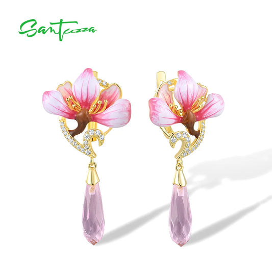 Romantic Floral Drop Earrings – Pink Crystal & White CZ by SANTUZZA