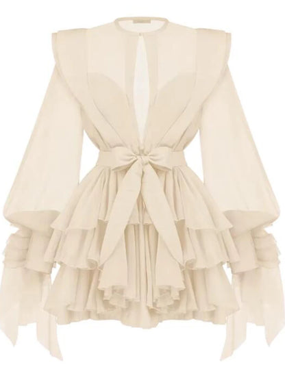 High Waist Solid Spliced Dress with Lace-Up Detail