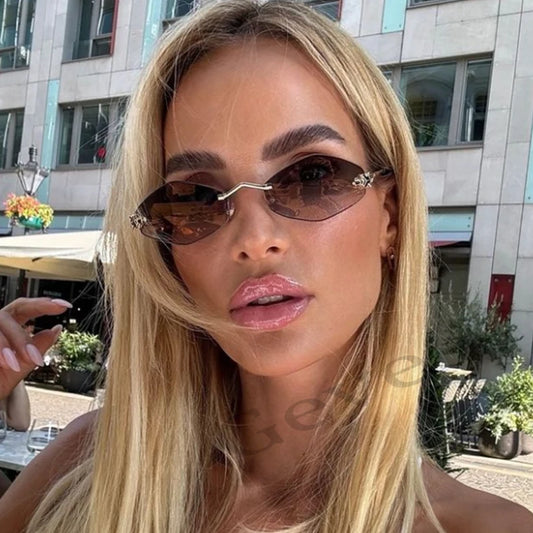 Luxury Small Polygonal Rimless Sunglasses for Women – Vintage Rhombus Brown Metal Frame Shades