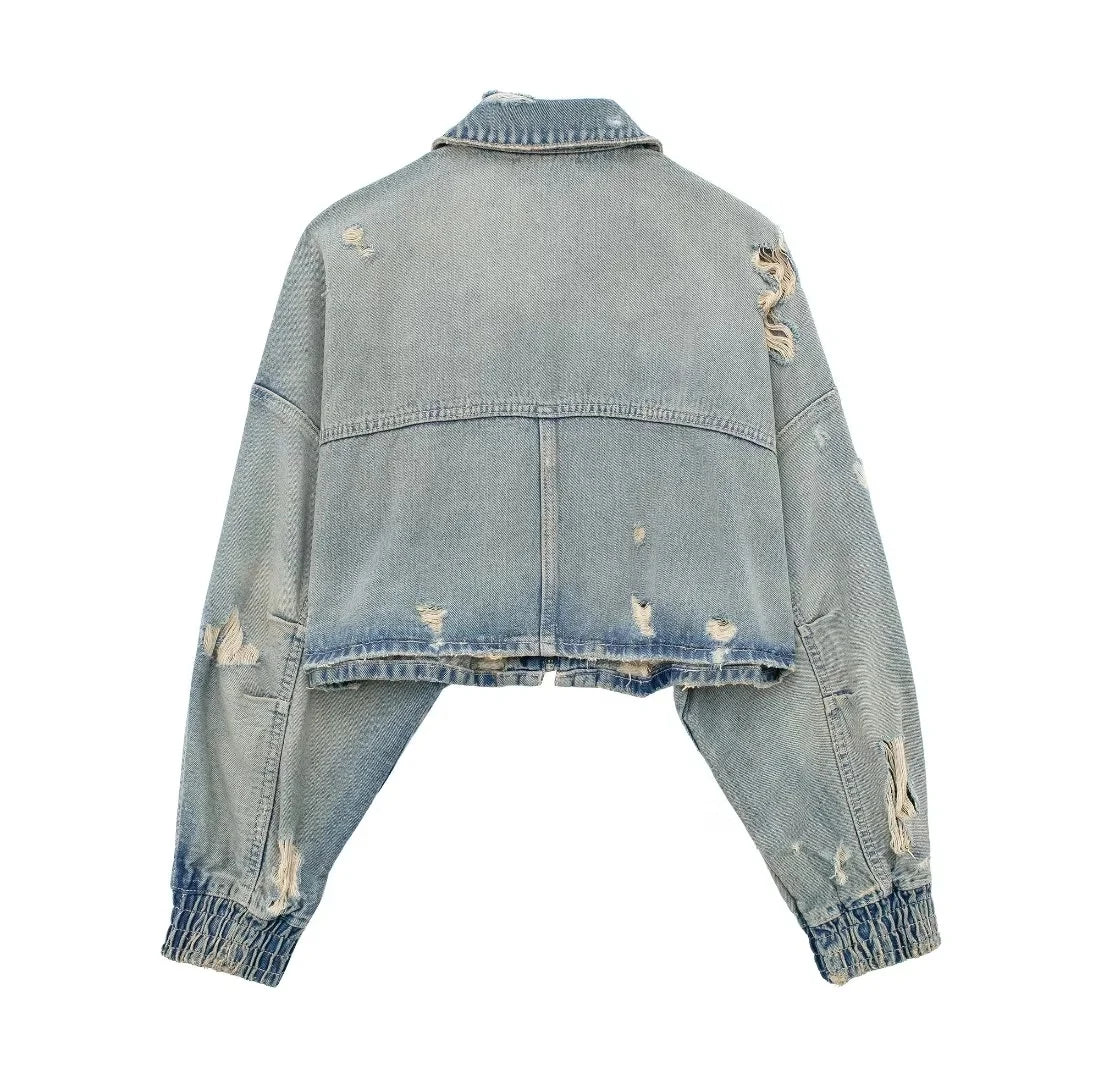 Women's Edgy Denim Jacket – Hole Detail Zipper Front Short Top by TRAFZA