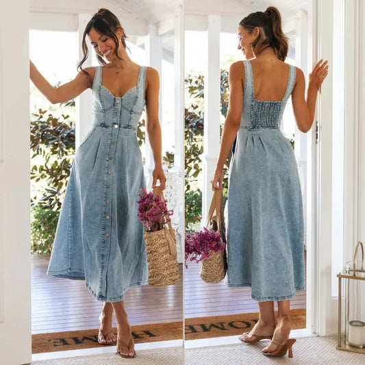 Women’s Vintage Button Denim Long Dress – Timeless Spring Style