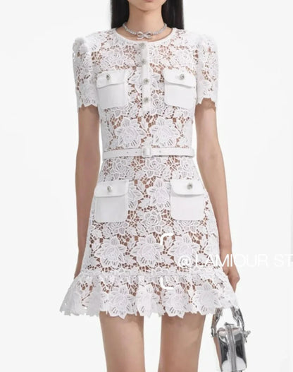 Elegant Street Style: Blue Lace Hollow Out Bodycon Dress with Belt
