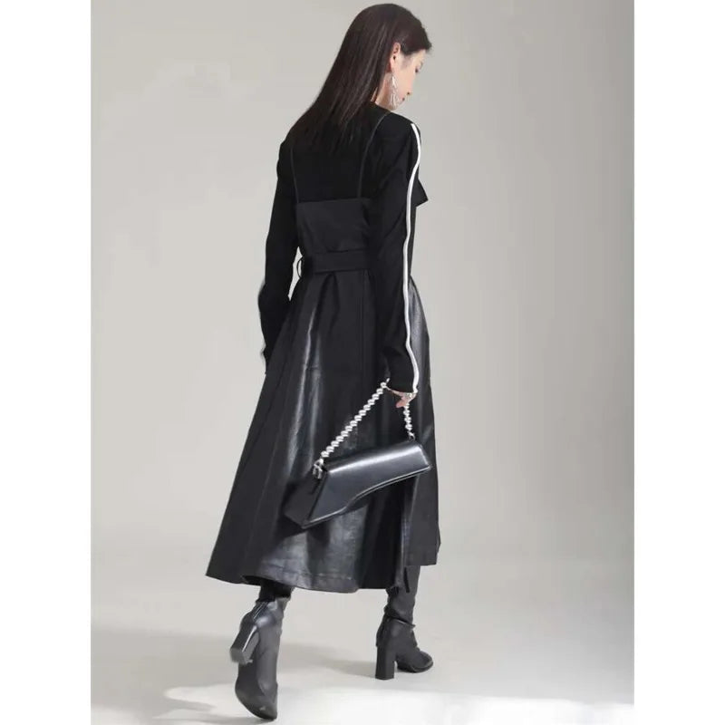 [Vibe] Black Leather Belted Dress – Sleeveless Fashion Loose Fit Women’s Dress