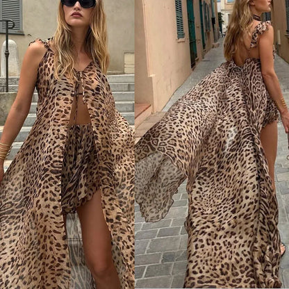 2025 Women's Beach Vacation Set – Chiffon Halter Dress + Leopard Print Shorts