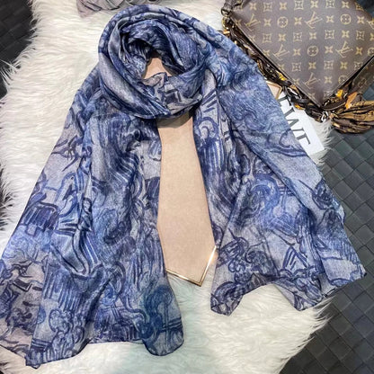 Elegant Blue Graffiti Silk Shawl – Neck & Head Scarf for All Seasons
