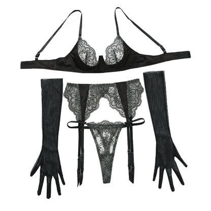 Ellolace Lace Sexy Lingerie Set With Long Glove Attractive Chest Suspenders Ensemble Lingeries Femmes Delicate Lace Underwear
