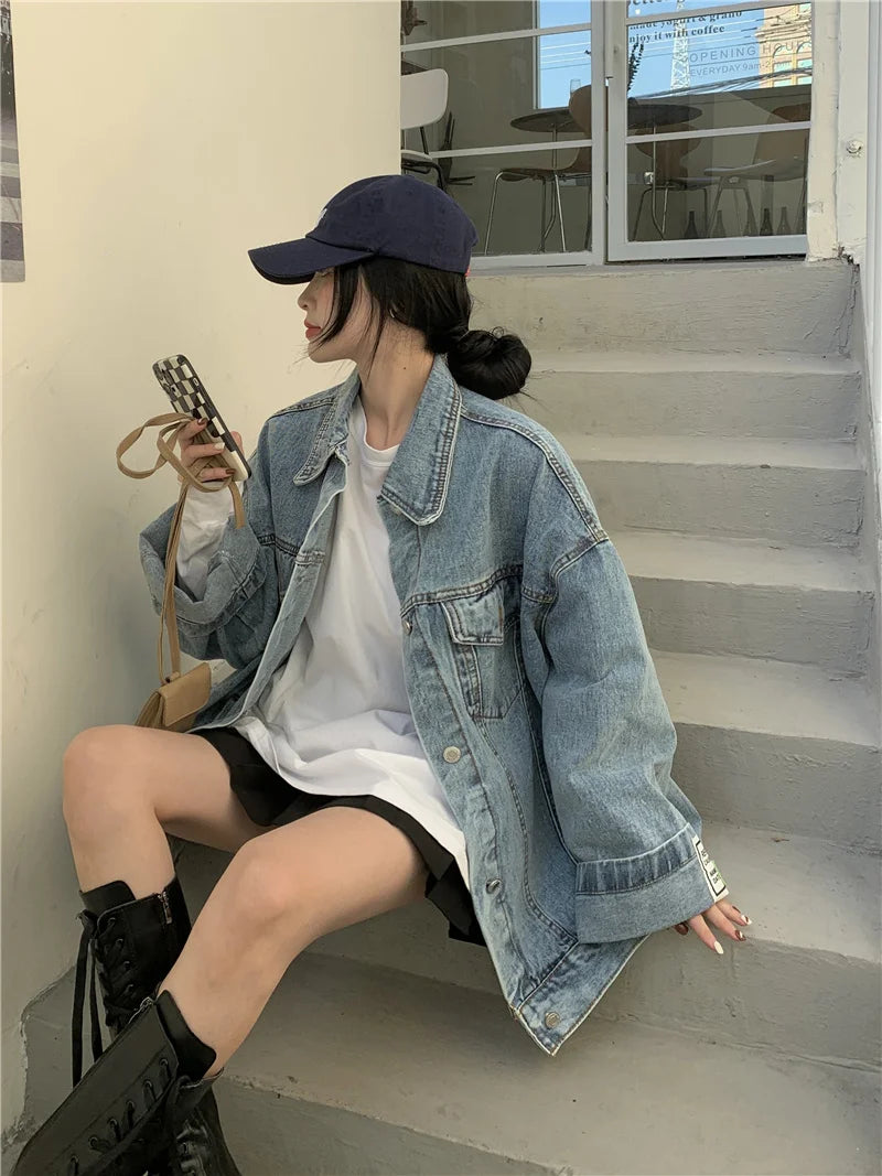 Women's Oversized Denim Jacket – Korean Fashion Button Down Streetwear