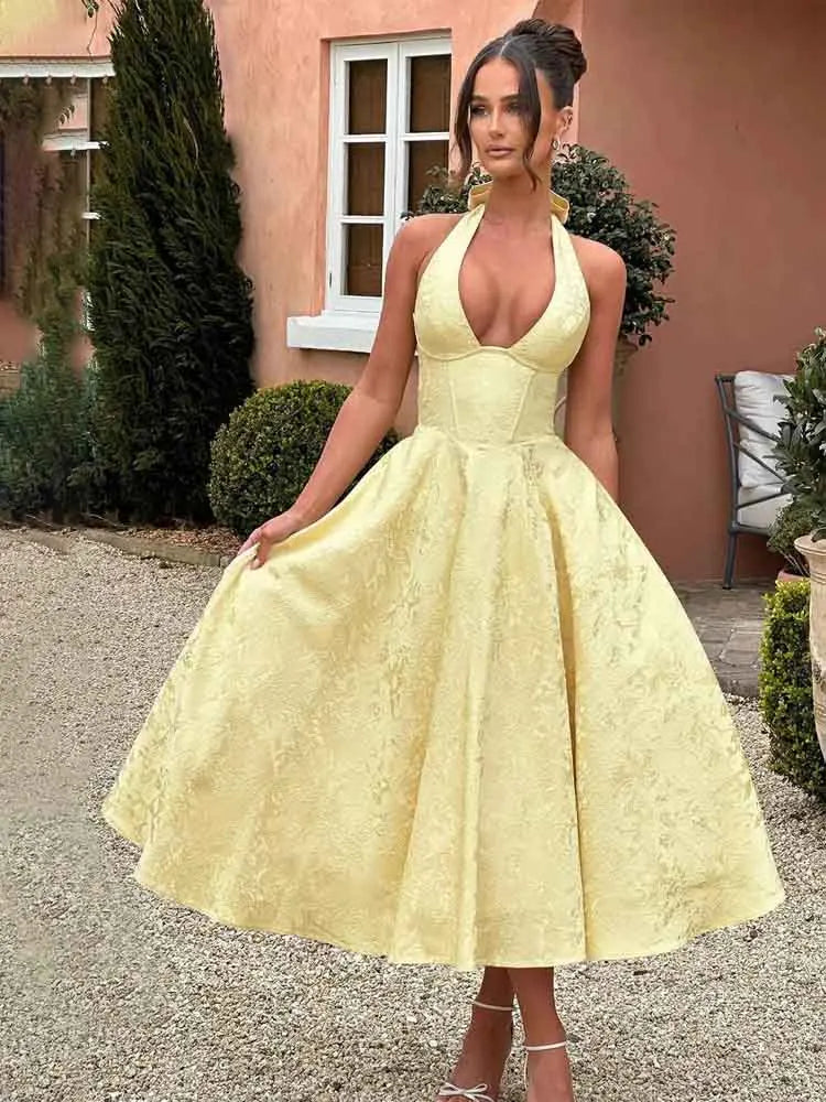 Elegant Bodycon Party Dress – White Jacquard Backless Maxi Dress by NIDANSSI