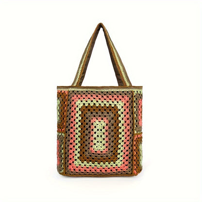 Retro Contrast Boho Tote – Large Capacity Bag for Work, Travel & Everyday Use