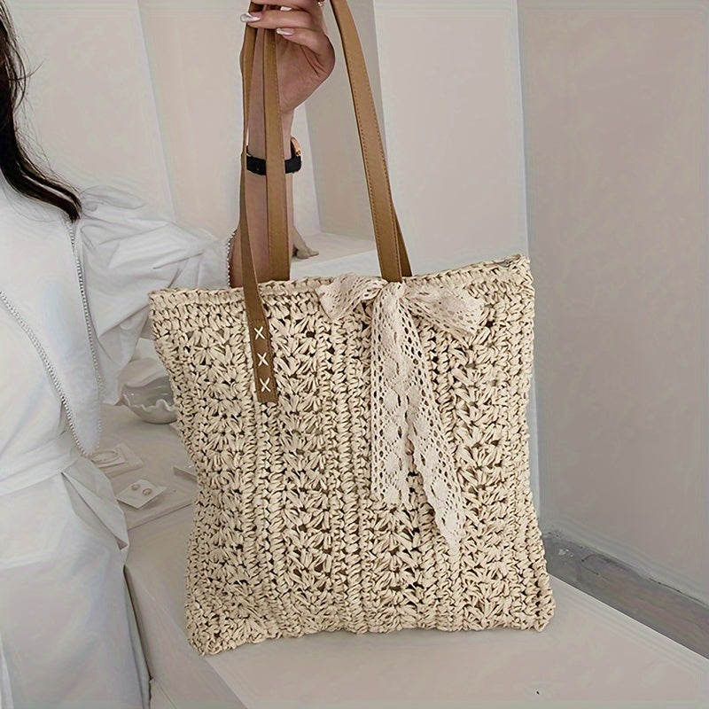 Stylish Straw Beach Bag – Boho-Inspired Shoulder Tote with Secure Zip & Lining