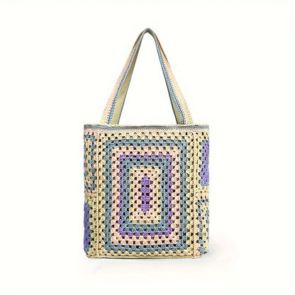 Retro Contrast Boho Tote – Large Capacity Bag for Work, Travel & Everyday Use