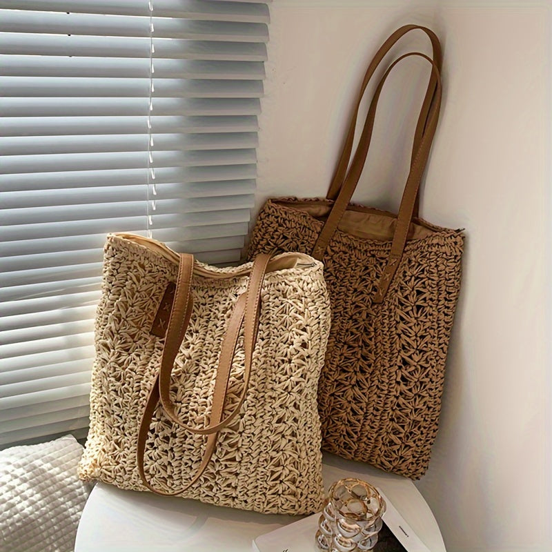 Stylish Straw Beach Bag – Boho-Inspired Shoulder Tote with Secure Zip & Lining