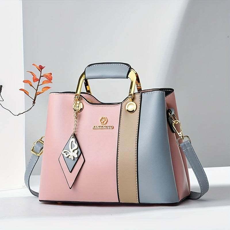 Waterproof Faux Leather Tote – 2024 Colorblock Shoulder Bag with Adjustable Strap
