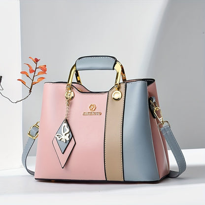 Waterproof Faux Leather Tote – 2024 Colorblock Shoulder Bag with Adjustable Strap