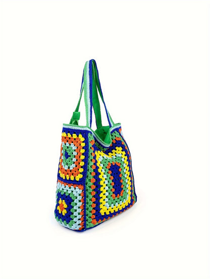 Retro Contrast Boho Tote – Large Capacity Bag for Work, Travel & Everyday Use