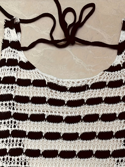 Vacation-Ready Striped Backless Dress – Knitted Sleeveless Beach Cover-Up