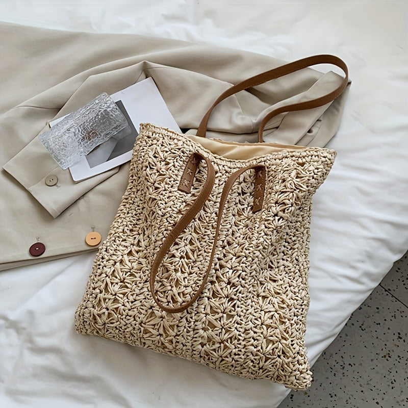 Stylish Straw Beach Bag – Boho-Inspired Shoulder Tote with Secure Zip & Lining