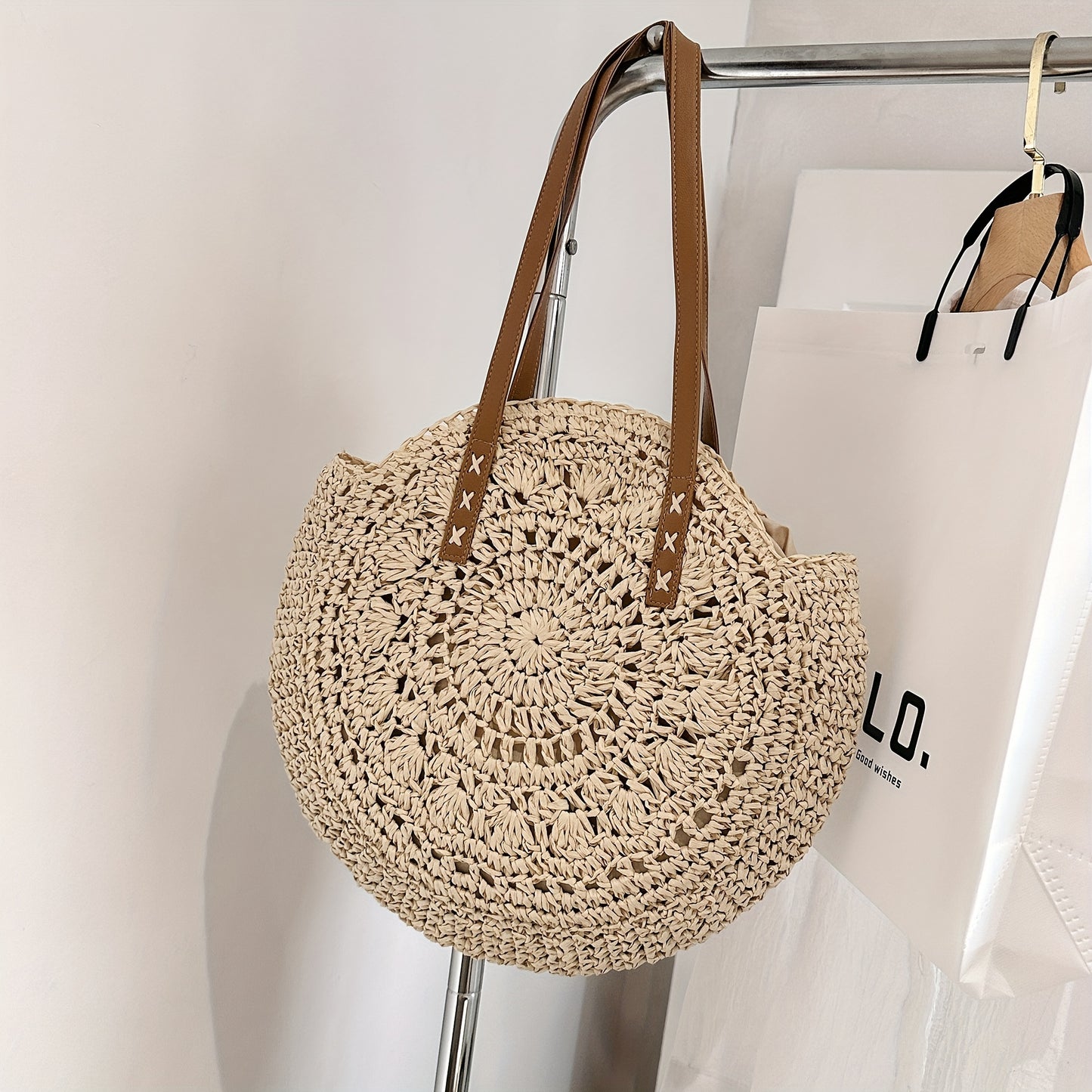 Vintage-Inspired Round Straw Bag – Portable Handwoven Beach Tote with Dual Handles