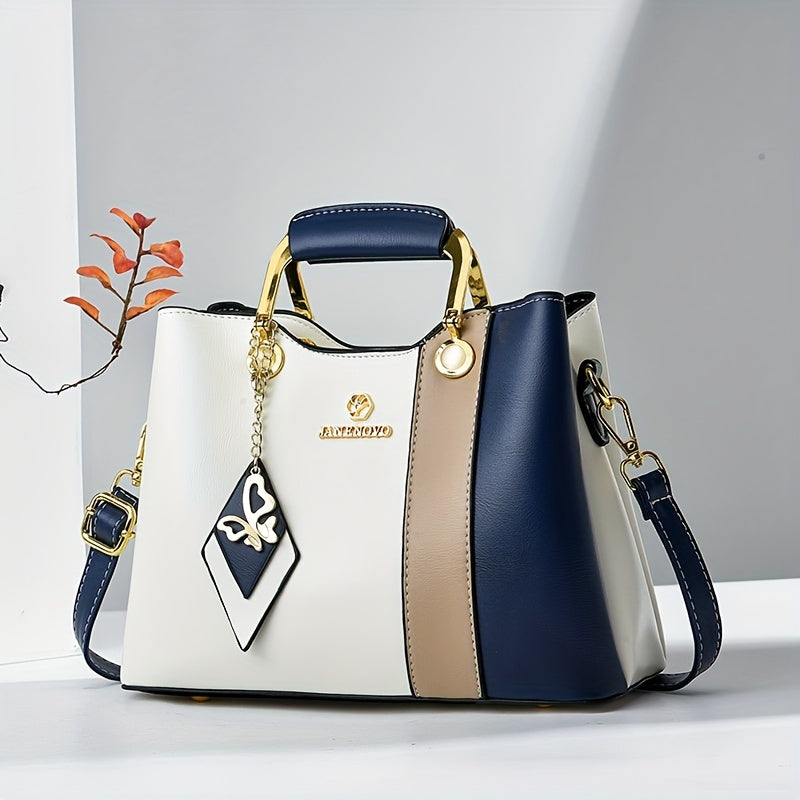 Waterproof Faux Leather Tote – 2024 Colorblock Shoulder Bag with Adjustable Strap
