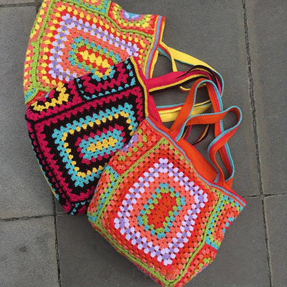 Retro Contrast Boho Tote – Large Capacity Bag for Work, Travel & Everyday Use