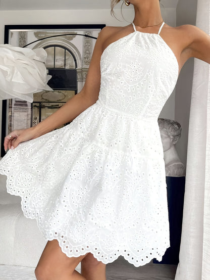 Elegant White Halter Neck Backless Dress – Floral Embroidery & A-Line Mini Silhouette