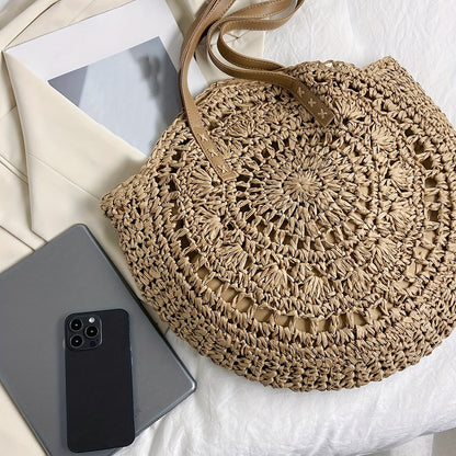 Vintage-Inspired Round Straw Bag – Portable Handwoven Beach Tote with Dual Handles