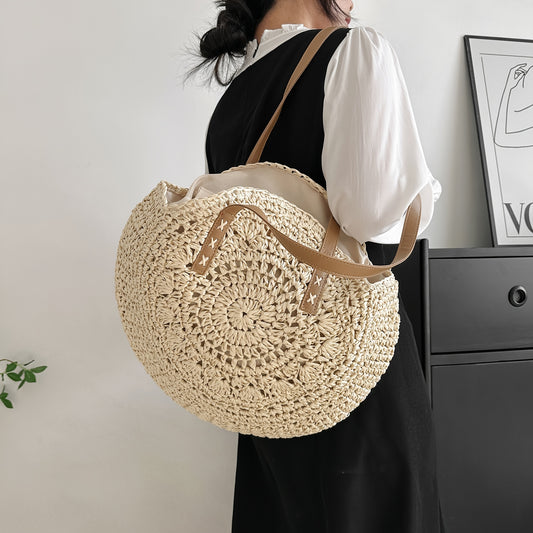 Vintage-Inspired Round Straw Bag – Portable Handwoven Beach Tote with Dual Handles