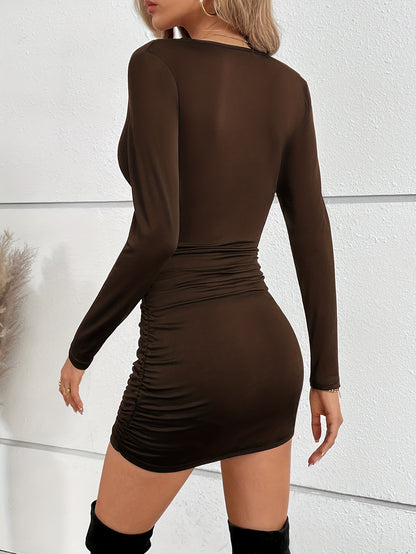 Women’s Slim Fit V-Neck Dress – Ruched Ruffle Long Sleeve Mini Dress