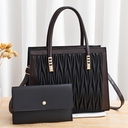 2pcs Quilted Colorblock Tote & Clutch Set – Stylish Crossbody Handbag Combo for Women